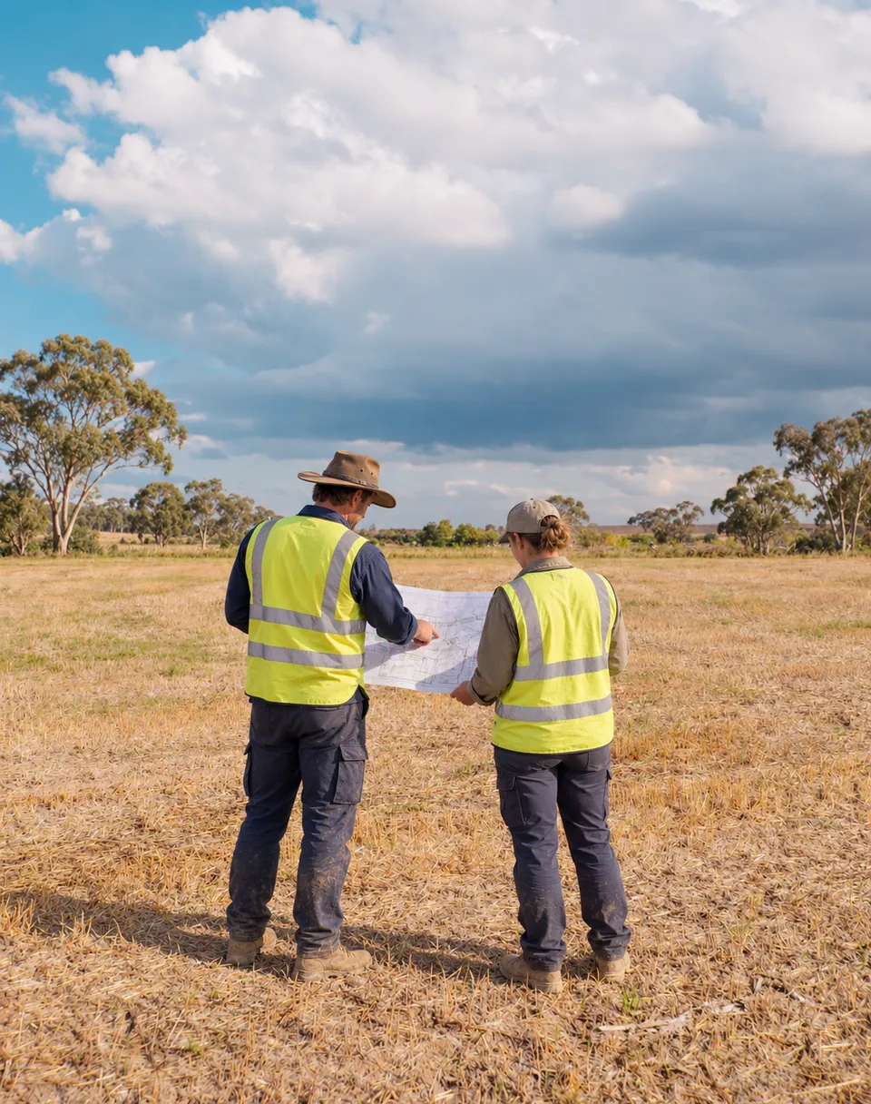 Two people in high-visibility vests reviewing a site plan in an open paddock.