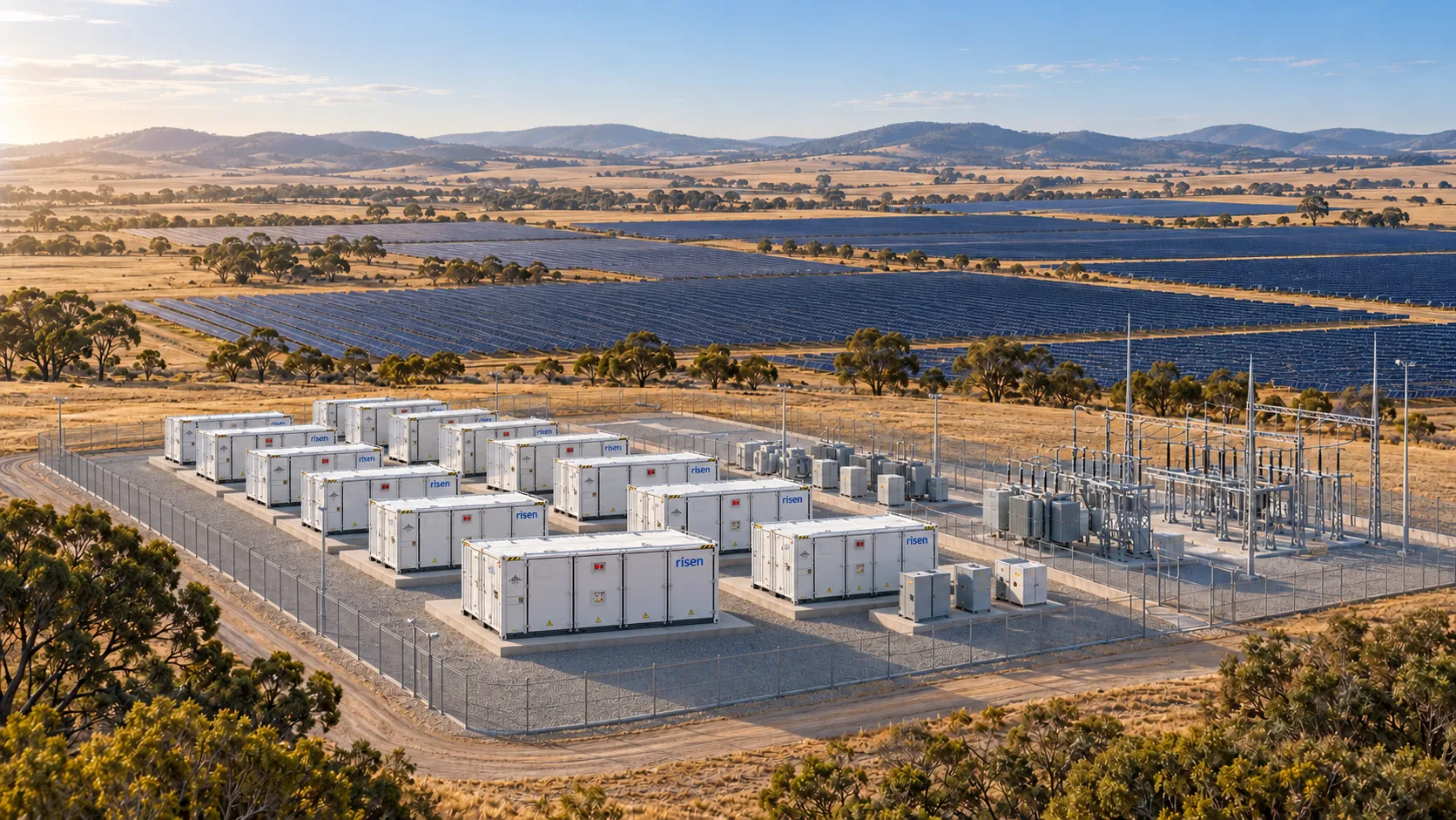 Concept illustration of Geranium Plains Energy Park: rows of white battery enclosures and a substation inside a fenced compound, with large blocks of solar panels behind on golden grassland, scattered gum trees and low ranges on the horizon.